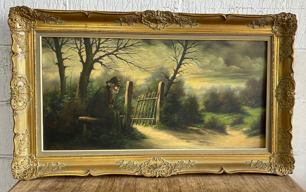Vieil homme assis sur un banc perdu dans ses pensées, Antiquités & Art, Art | Peinture | Classique, Enlèvement