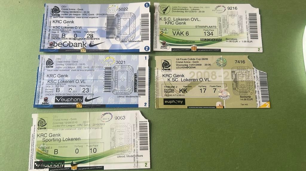 5 kaartjes RC Genk - Lokeren 2009 2010 2012 2014, Verzamelen, Verzenden, Gebruikt