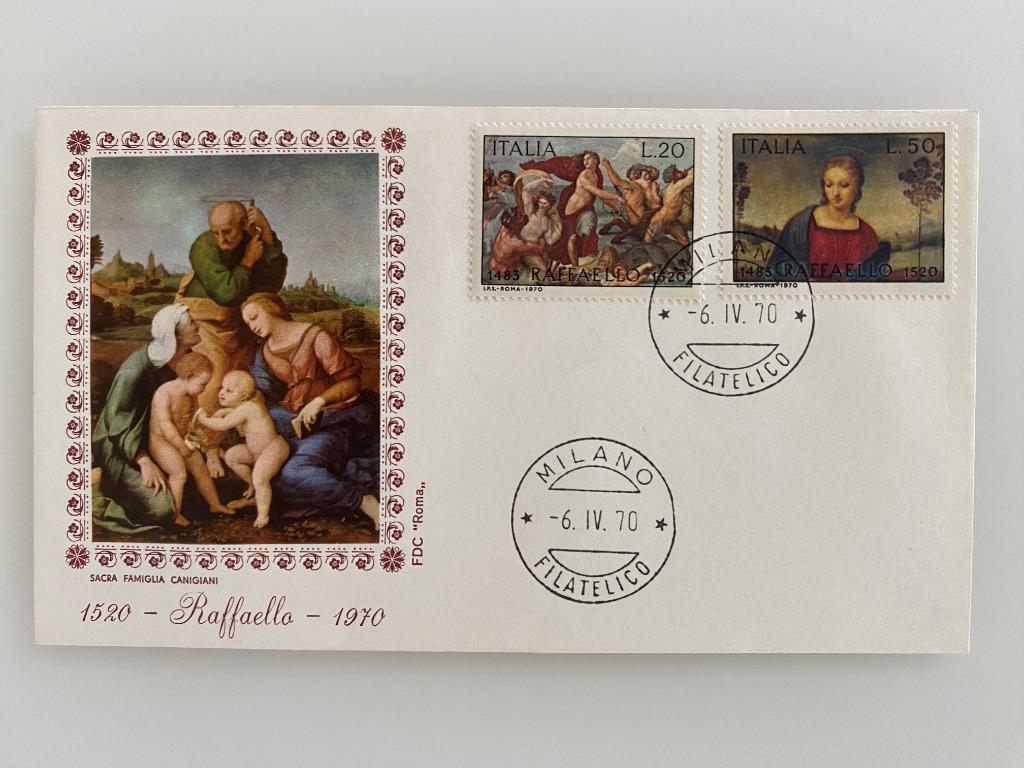 Postzegel First Day Cover Italië Raffaello 1970, Ophalen of Verzenden, Gestempeld