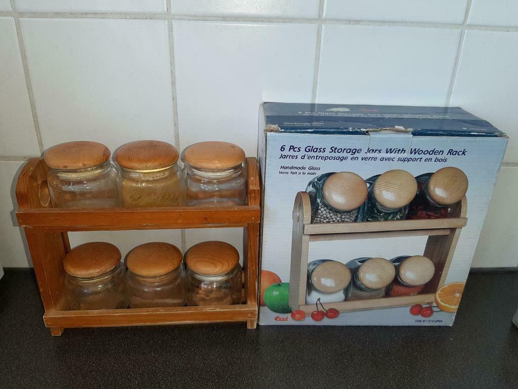 Kruiden- en specerijen rek met 6 glazen stevige potjes, Huis en Inrichting, Keuken | Servies, Ophalen, Gebruikt, Glas, Overige typen