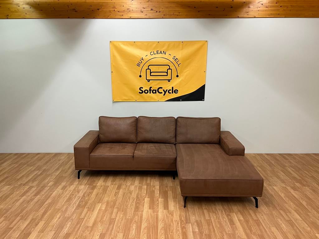 fauteuil trois places cognac avec chaise longue — SofaCycle, Enlèvement ou Envoi, Comme neuf