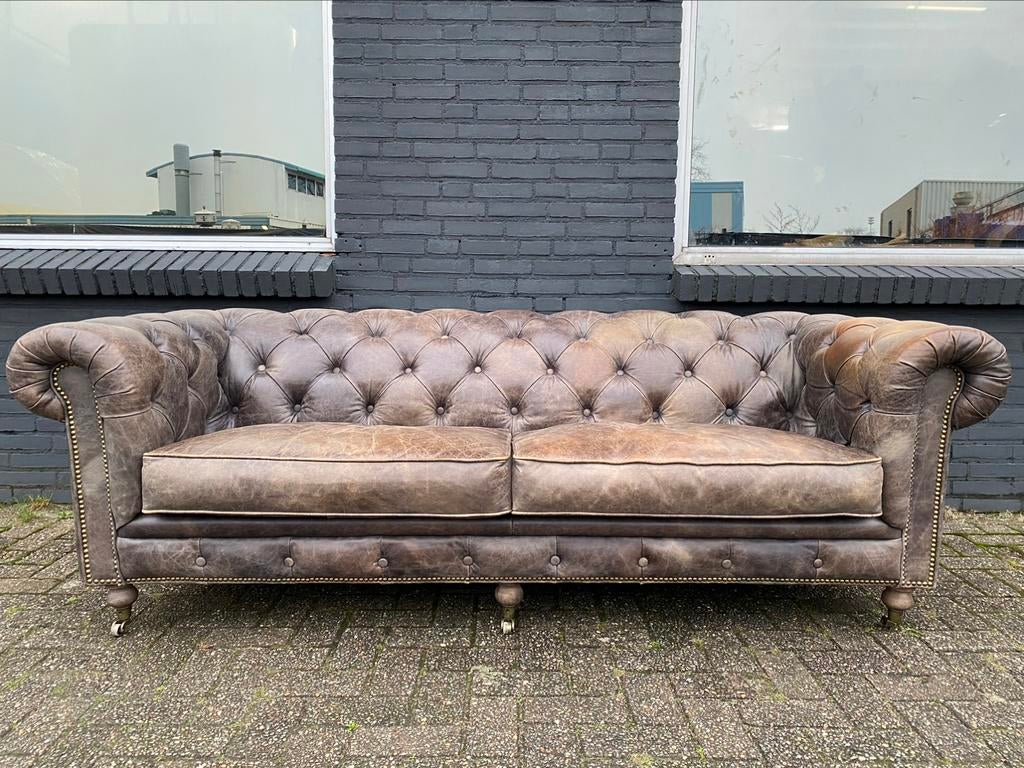 Stoere Chesterfield Zetel vintage bruin GRATIS GELEVERD, Enlèvement ou Envoi, Cuir