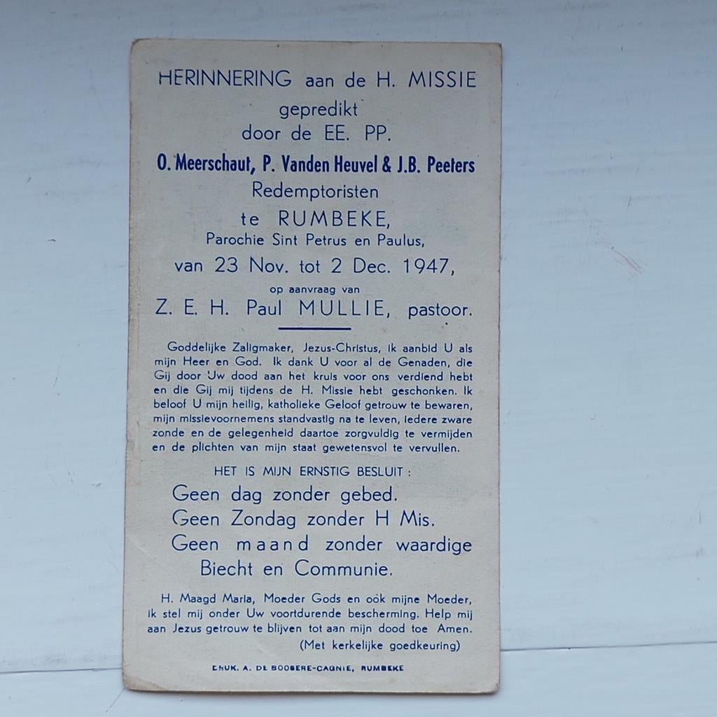 Gedachtenisprentje H.Missie Rumbeke 1947, Enlèvement ou Envoi