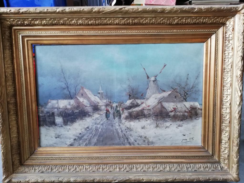 Jean Hill: Winterlandschap met molen, schilderij, Antiek en Kunst, Ophalen