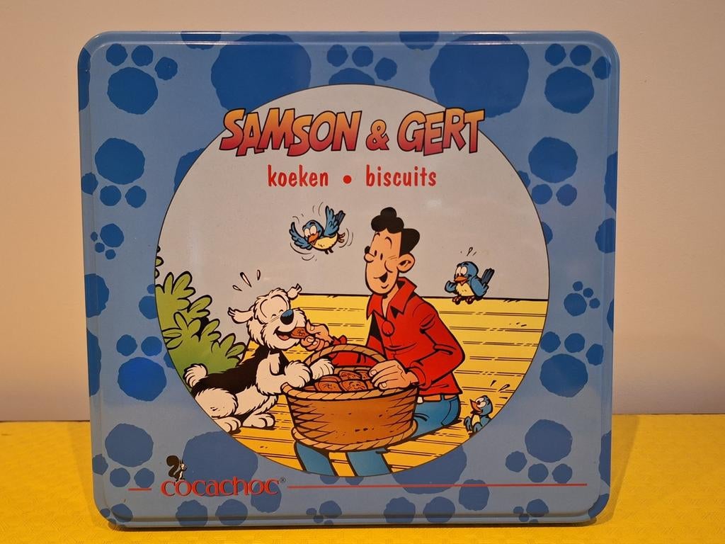 Blikken koekjesdoos Samson & Gert, Verzamelen, Ophalen of Verzenden, Overige figuren, Gebruikt, Gebruiksvoorwerp