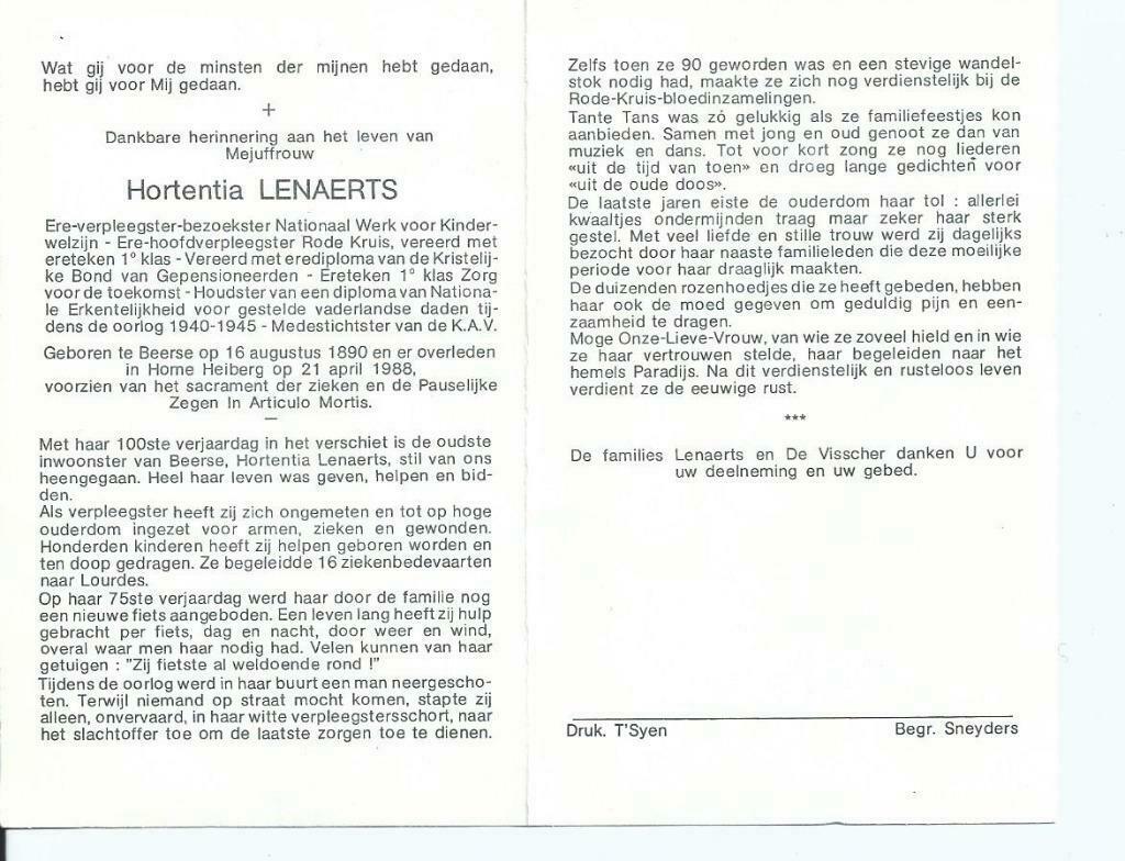 RP Hortentia Lenaerts ex-verpleegster RK 1940-45, Verzamelen, Verzenden, Rouwkaart