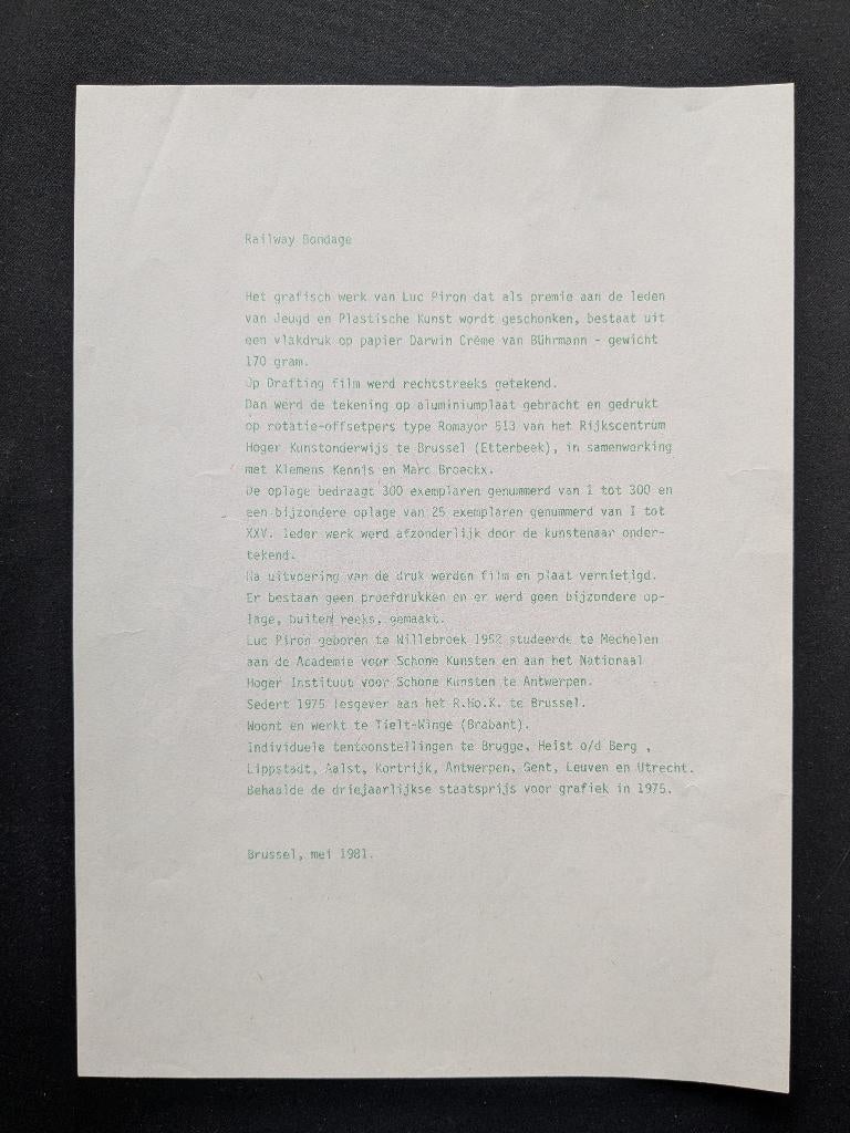 lithographie - Luc Piron - bondage ferroviaire - avec lettre, Antiquités & Art, Enlèvement ou Envoi