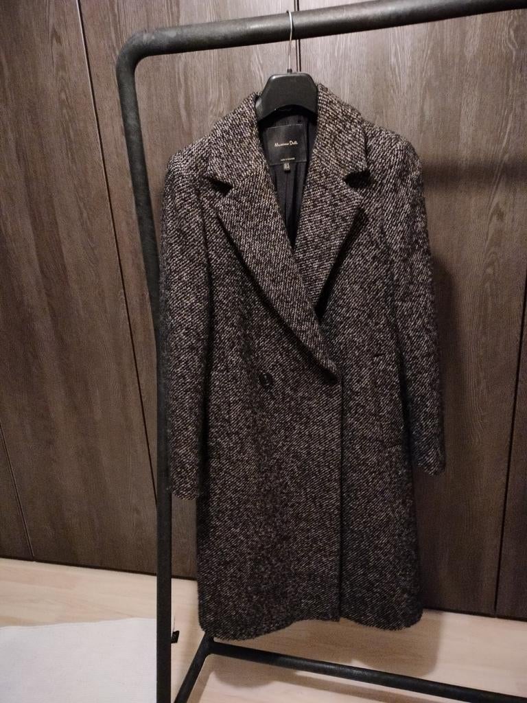 Lange mantel maat 36 in bruin/zwart gespikkelde tweedstof., Ophalen of Verzenden, Maat 36 (S), Zwart