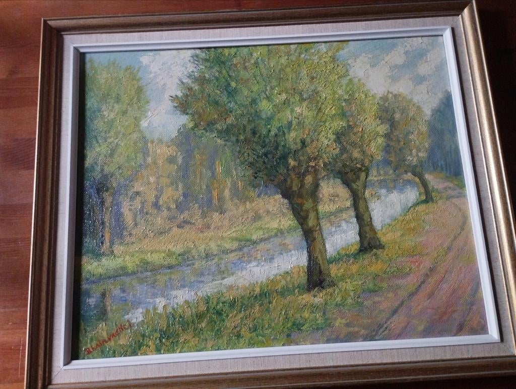 Schilderij onder frame landelijke beek, Ophalen of Verzenden