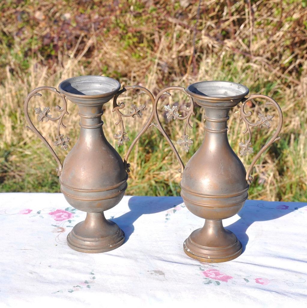 paire de vases en cuivre poignée motif feuilles, Enlèvement ou Envoi, Cuivre