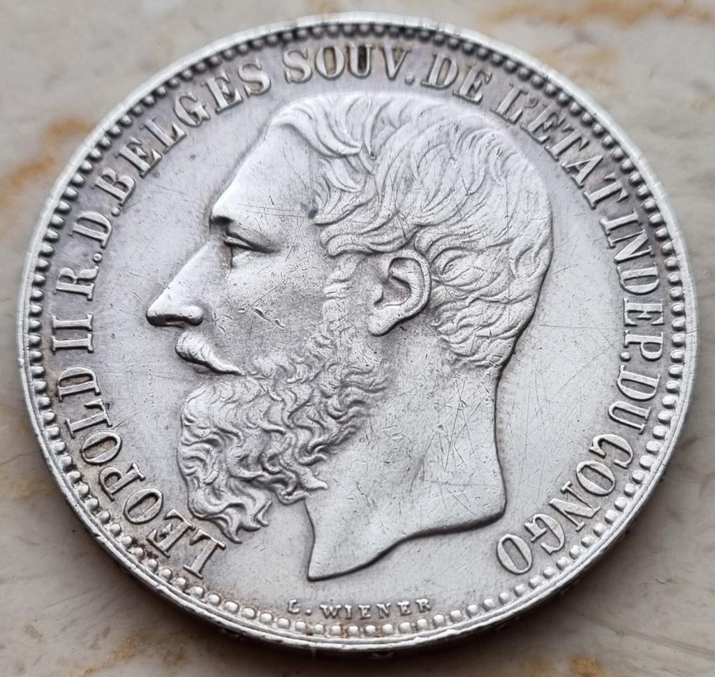 5 Francs 1891 (Belgisch Congo) Leopold II / Zeer zeldzaam !, Enlèvement ou Envoi, Monnaie en vrac, Argent