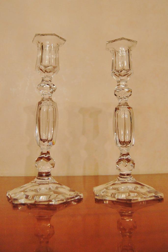 VAL St LAMBERT 2 kandelaars in wit geslepen kristal, Antiek en Kunst, Ophalen of Verzenden