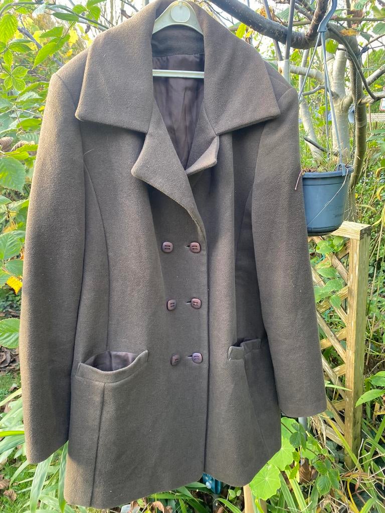 Bruine, wollen driekwart mantel. Large, Kleding | Dames, Ophalen, Zo goed als nieuw
