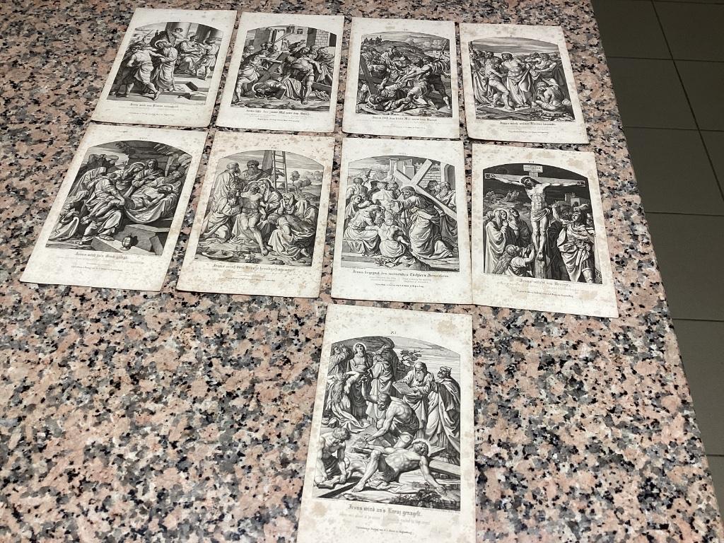 Lot van 9 oude drukken KRUISWEG door Fufrich geschilderd, Ophalen of Verzenden