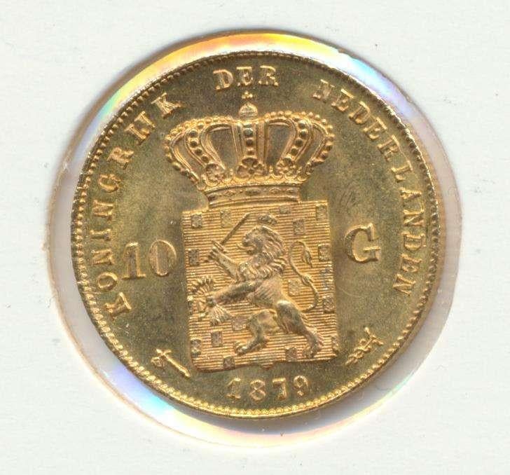 Nederland gouden tientje 1879 Willem 3, Postzegels en Munten, Ophalen of Verzenden, Goud