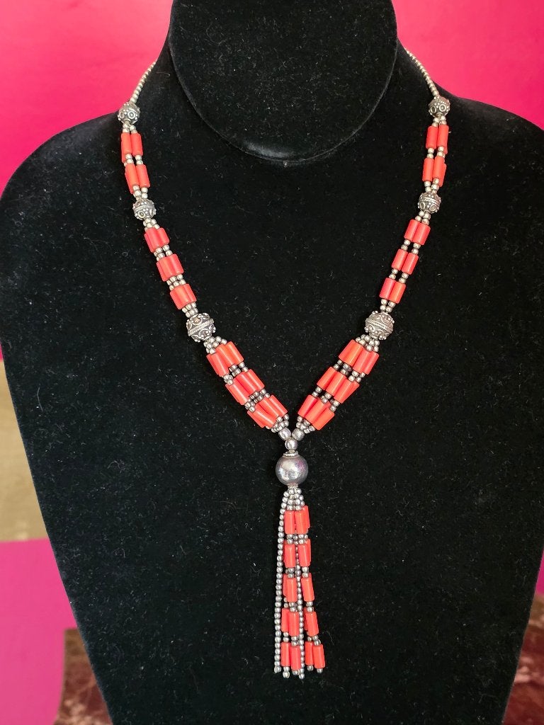 Antieke zilveren koralen collier ca 1890, Ophalen of Verzenden, Zilver, Ketting