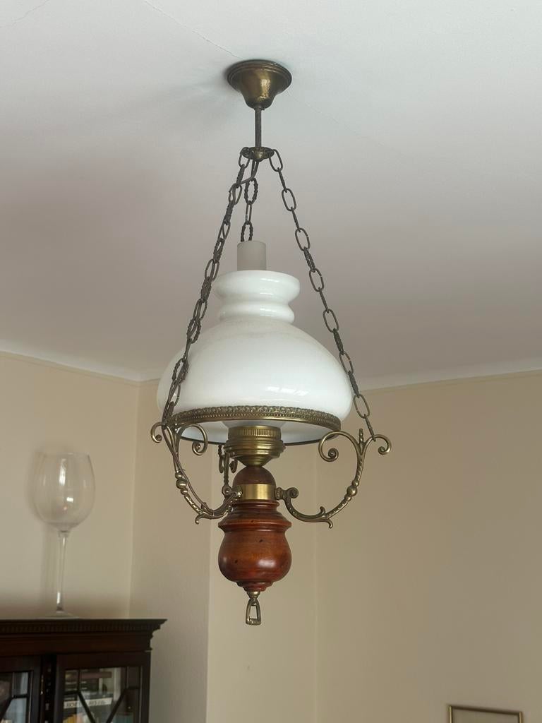Suspension ancienne opaline blanche & laiton style vintage, Enlèvement