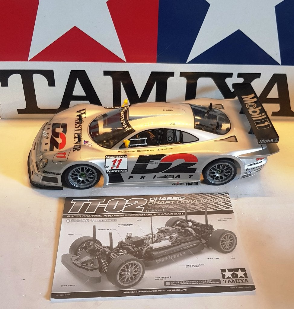 Châssis Tamiya TT-02 avec carrosserie Mercedes CLK-GTR, Neuf, Échelle 1:10, Voiture on road, Électro