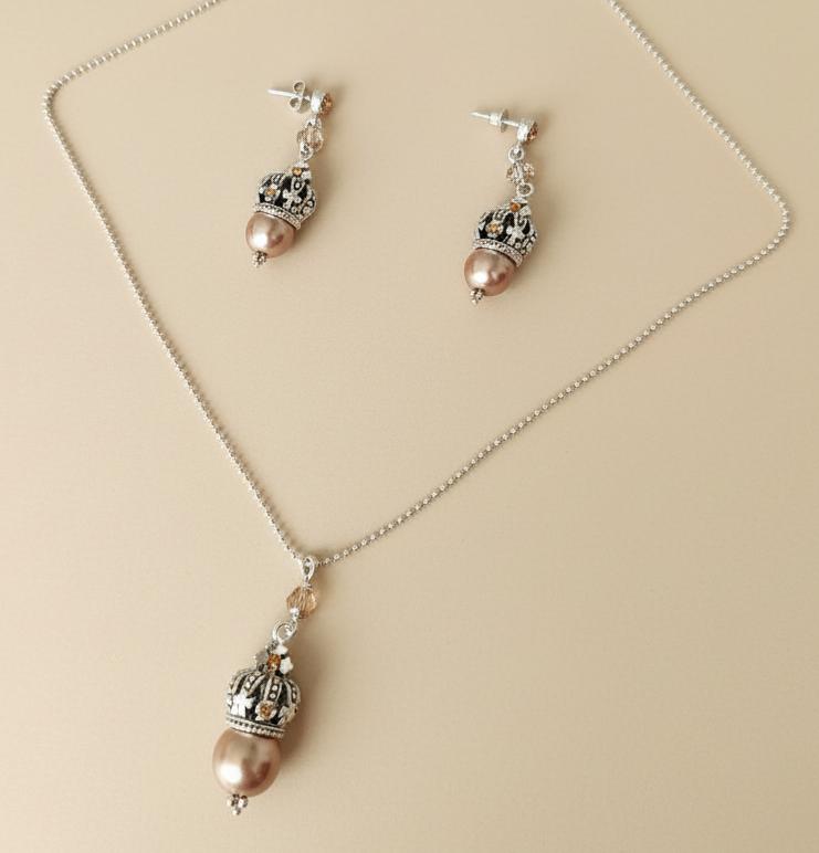 Dolce Luna Sieradenset - Champagne Parel & Swarovski, Hangers, Beige, Nieuw, Ophalen of Verzenden