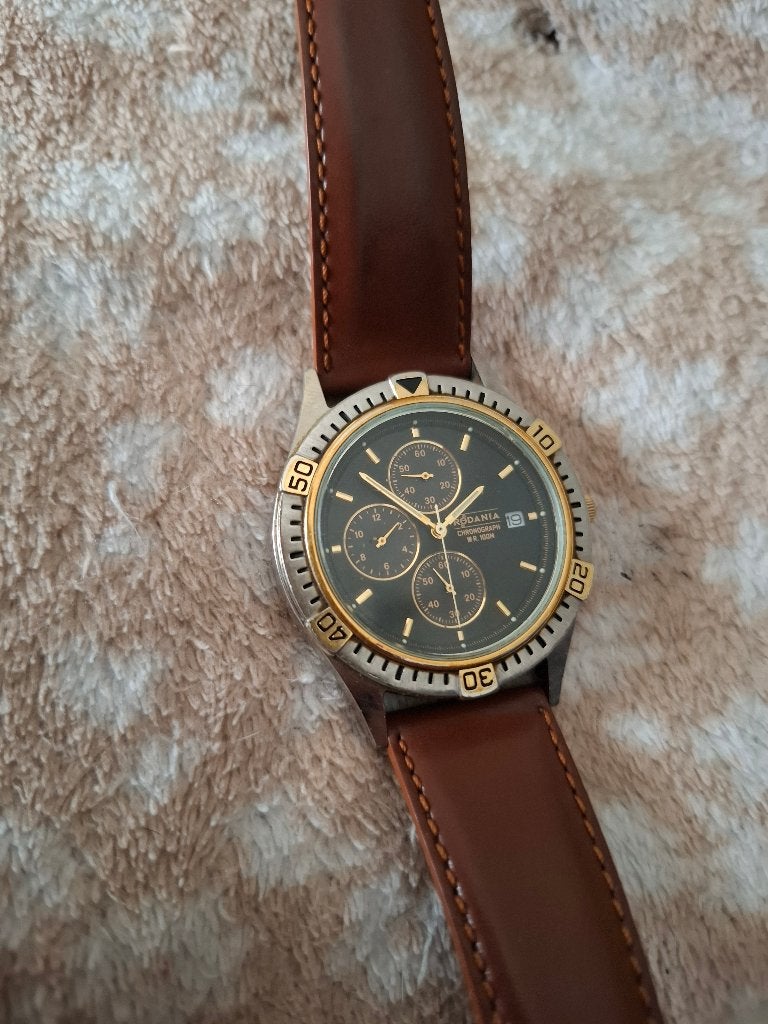 Vintage horloge rodania chronograph, Overige merken, Leer, Staal, Polshorloge