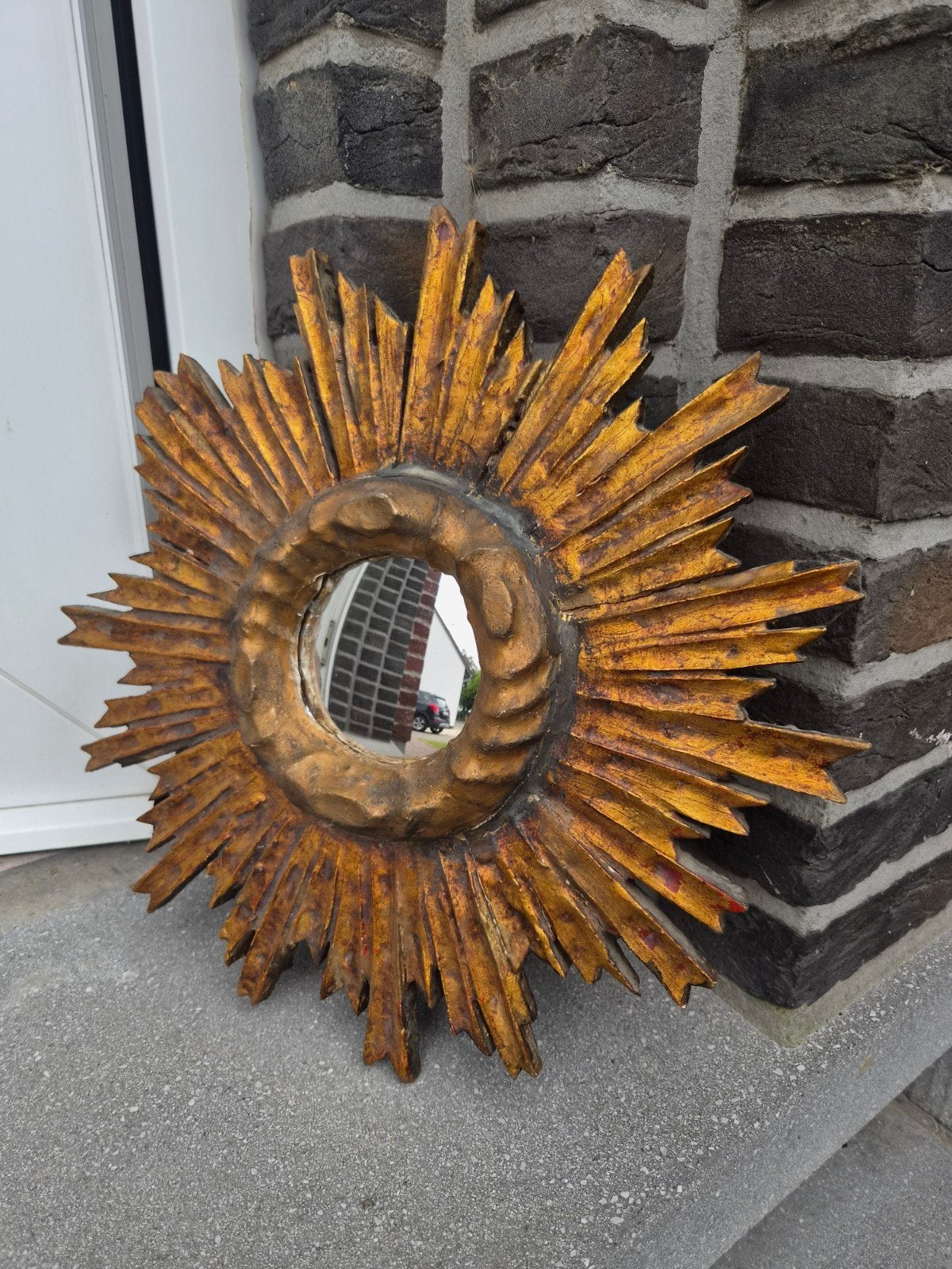 Miroir solaire ancien en bois 36 cm, verre convexe., Enlèvement ou Envoi, Moins de 100 cm, Rond, Utilisé