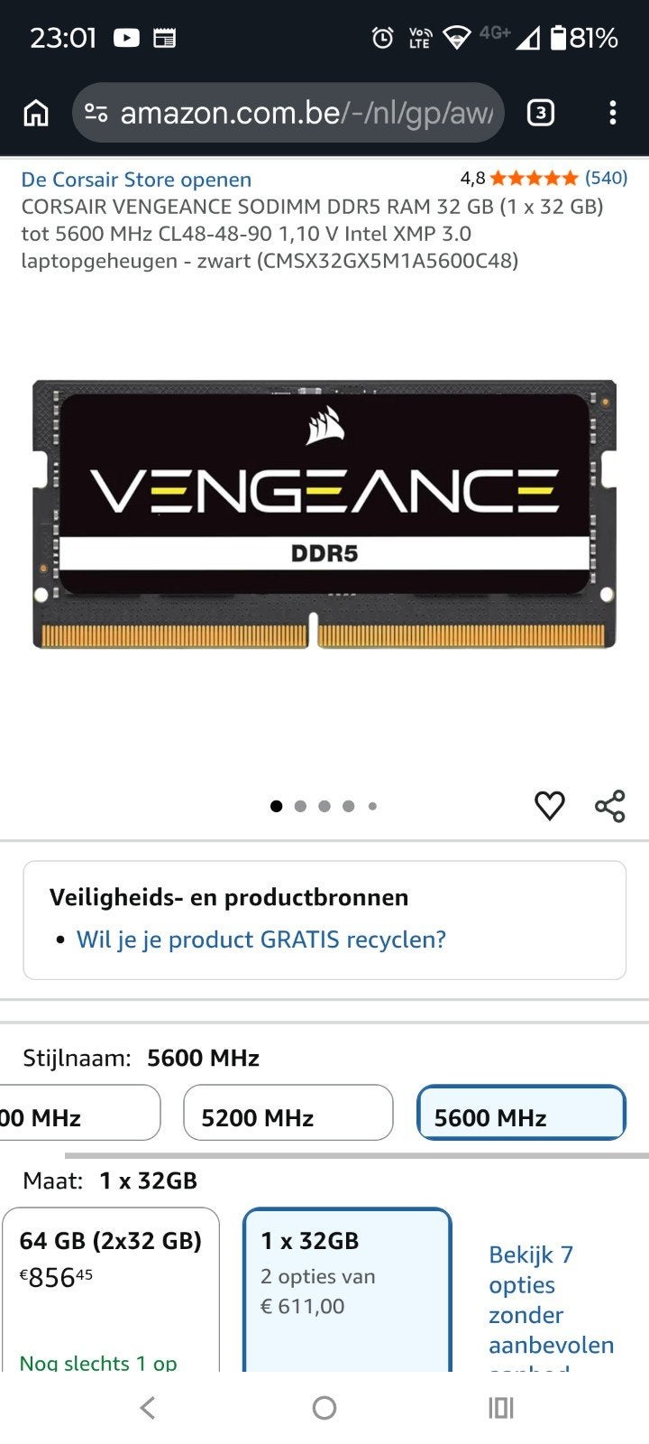 CORSAIR VENGEANCE SODIMM DDR5 RAM 32 GB 5600. 250€, Computers en Software, RAM geheugen, Ophalen of Verzenden, DDR5, 32 GB