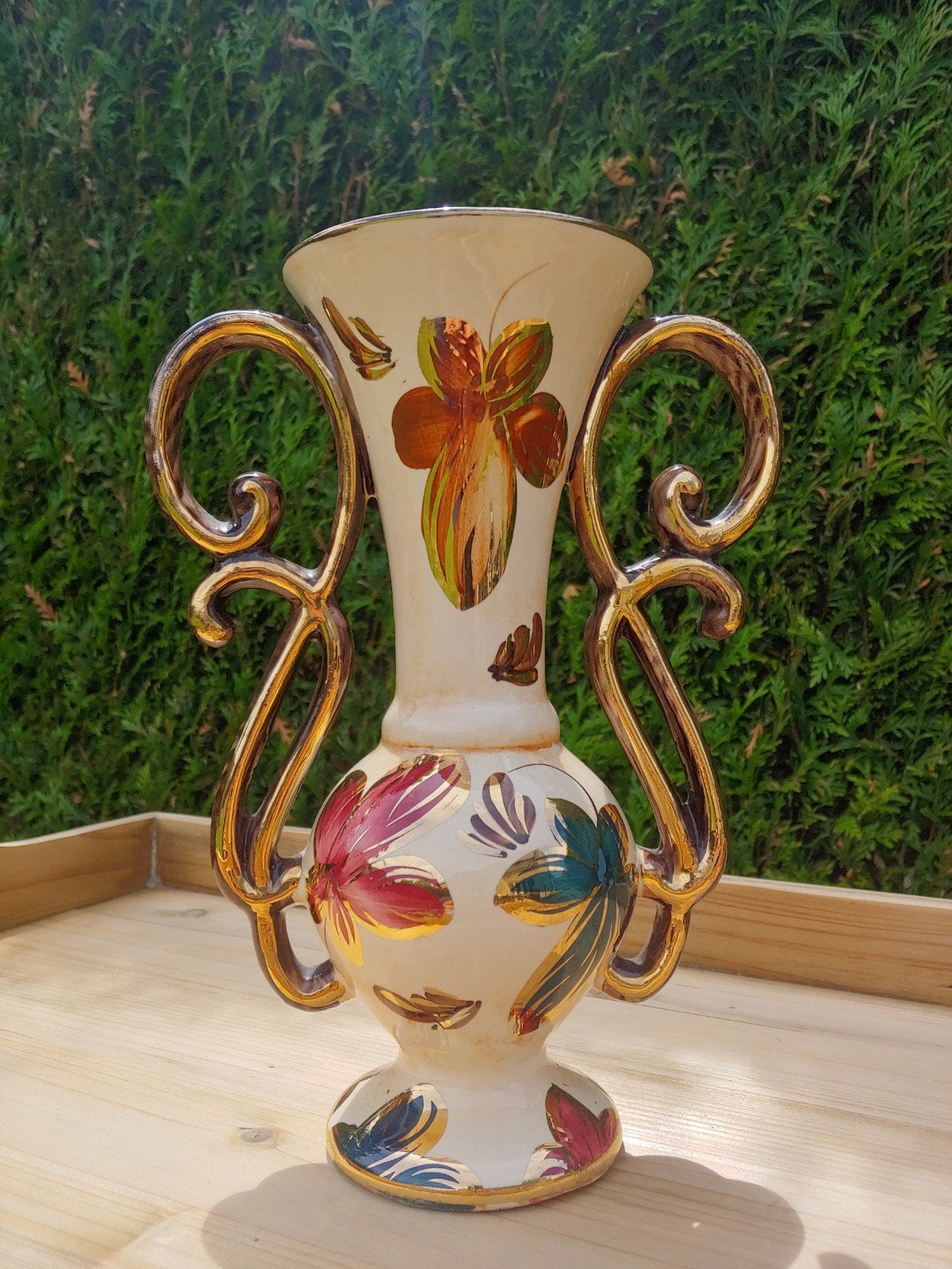Vintage Vaas met Kruloren - Wit Goud Bloemen - Model 24/296, Huis en Inrichting, Woonaccessoires | Vazen, Ophalen, Bruin