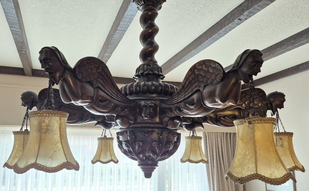 Vintage kroonluchter in massief hout met houtsnijkunst, Ophalen, Hout