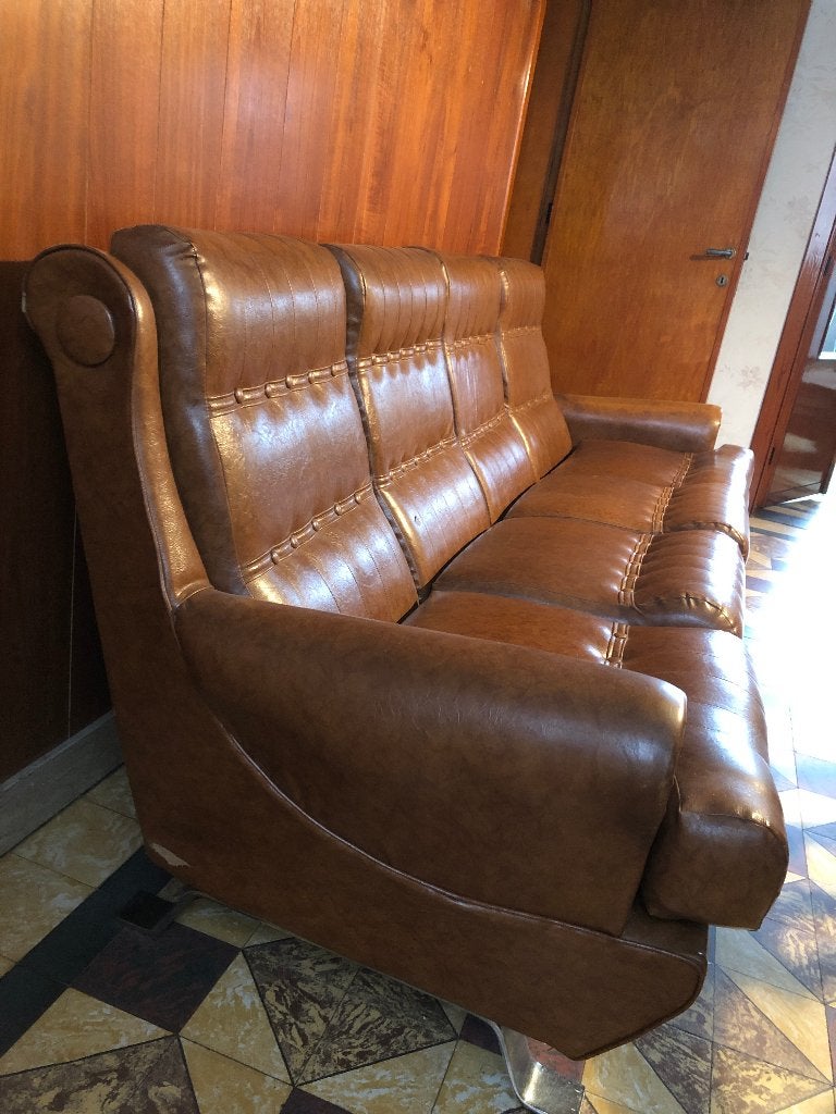 Vintage '70 Salon (4-zit + 2x1-zit) Cognac Skai - Vorselaar, Ophalen, Gebruikt, Rechte bank, Vintage Jaren '70 Salon