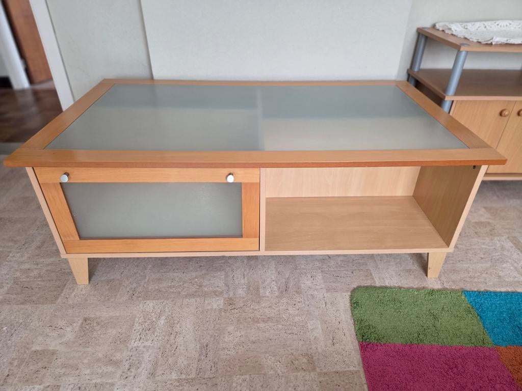 Grote salontafel in mat glas en hout, Ophalen, Glas