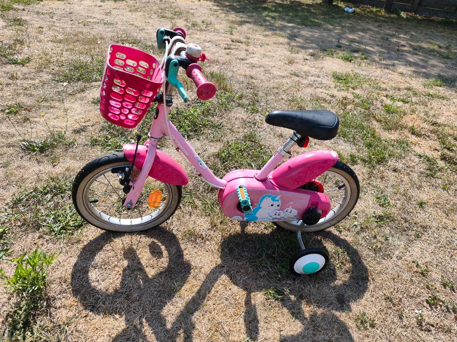 roze BTWIN 14-inch kinderfiets Unicorn 500, Ophalen, Gebruikt, Terugtraprem, Zijwieltjes