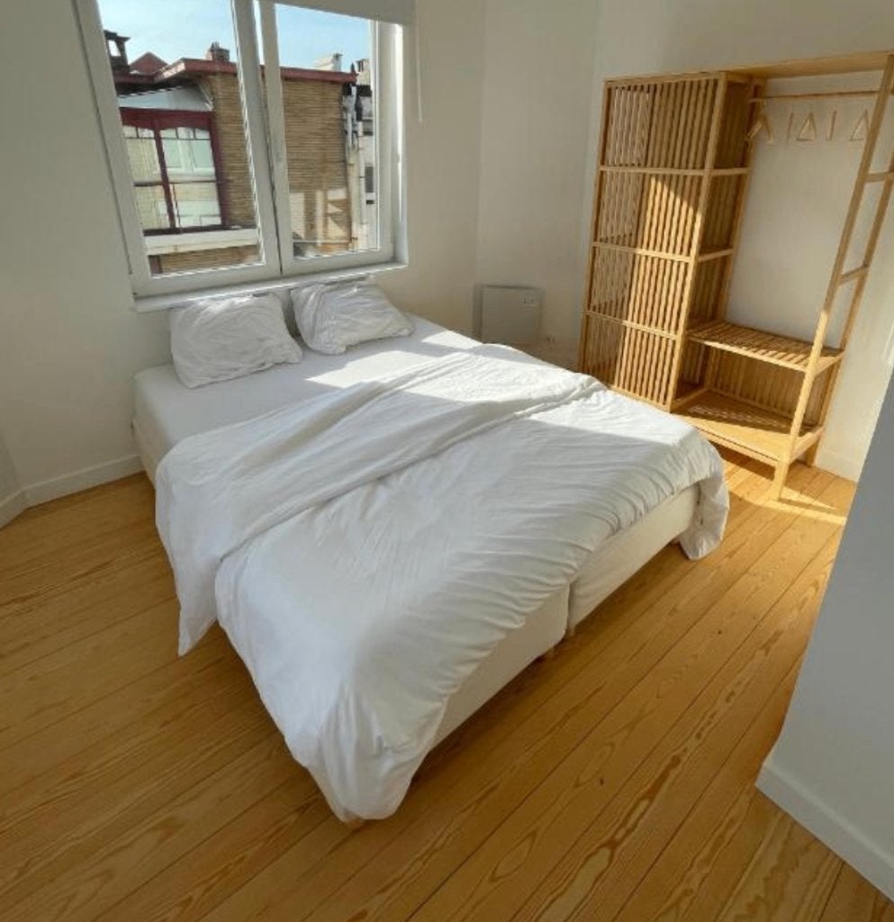 Dubbel bed boxspring 160x200, Ophalen, Beige, Tweepersoons, Zo goed als nieuw