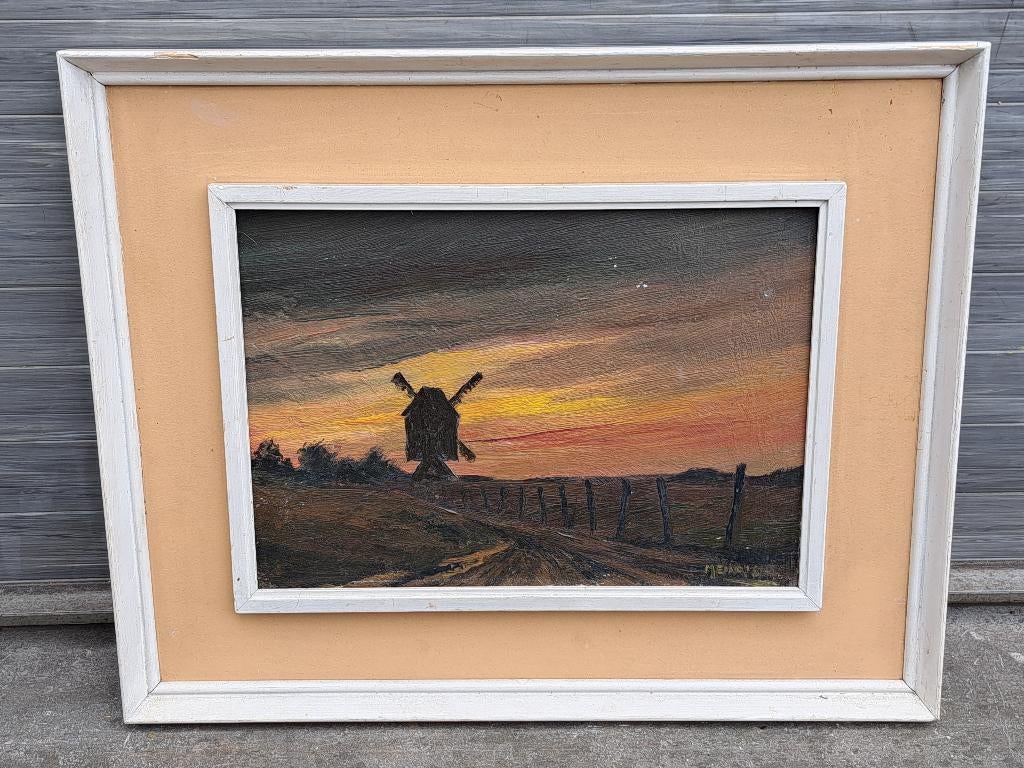 Huile sur panneau paysage au moulin signe willy meurisse, Antiek en Kunst, Ophalen of Verzenden