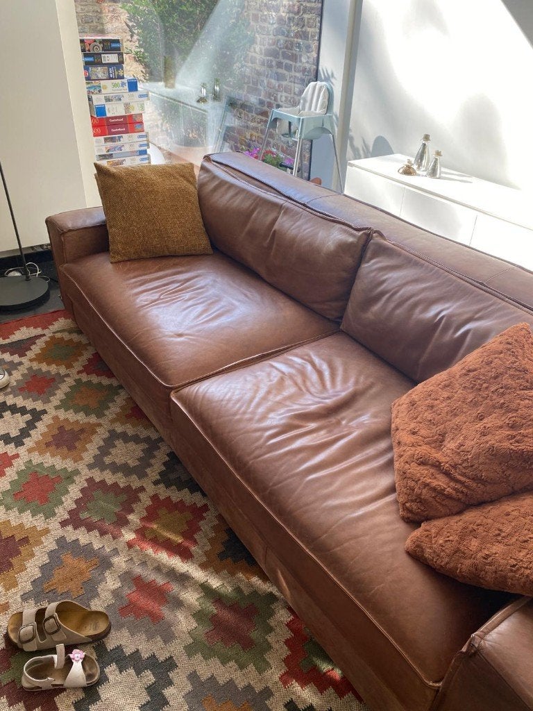 Lederen zetel (driezit) 250 EUR, Huis en Inrichting, Ophalen, Gebruikt, Driepersoons, Rechte bank