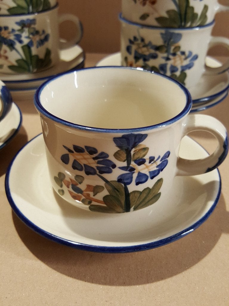 Set 6 tasses & sous-tasses vintage peint main – Grès 70s, Enlèvement ou Envoi