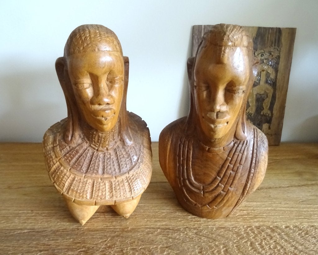 Kenya : beaux bustes sculptés à la main, couple, Antiquités & Art, Art | Art non-occidental, Afrique, Brun, Bois, 21 cm