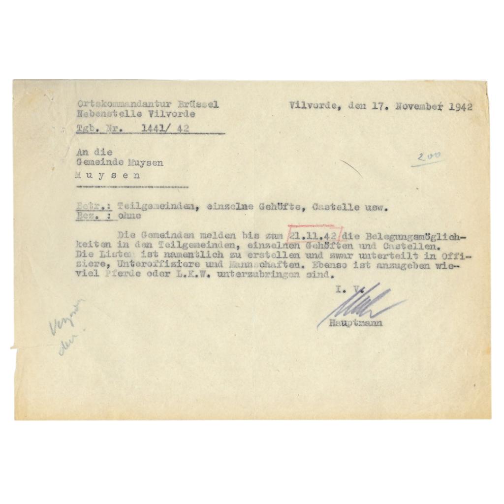 Document allemand — Casernement de l'armée Muysen - 1942, Collections, Enlèvement ou Envoi, Armée de terre, Autres types
