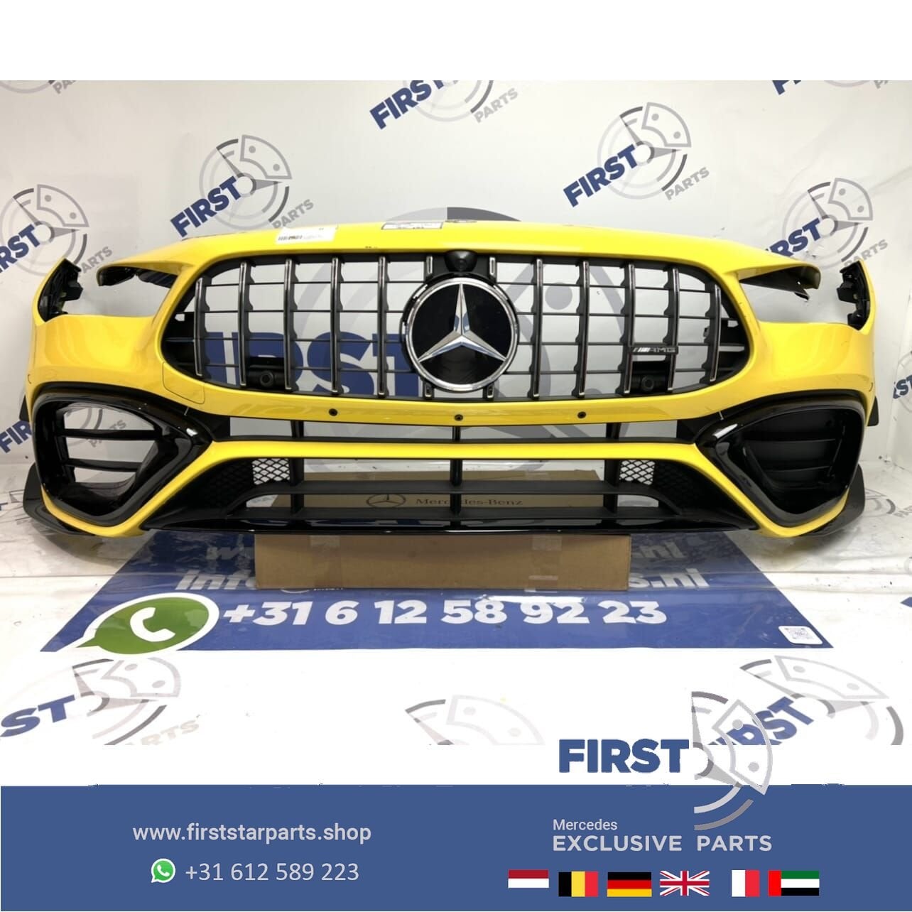 W118 CLA 45 CLA45S AMG GT VOORBUMPER GEEL COMPLEET CLA45 AER, Gebruikt, -, Voor, Ophalen of Verzenden