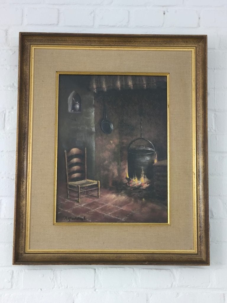 Pastel « Intérieur de ferme avec cheminée » — R. Mestdagh, Antiquités & Art, Enlèvement ou Envoi, Autres sujets, Pastel, Encadré