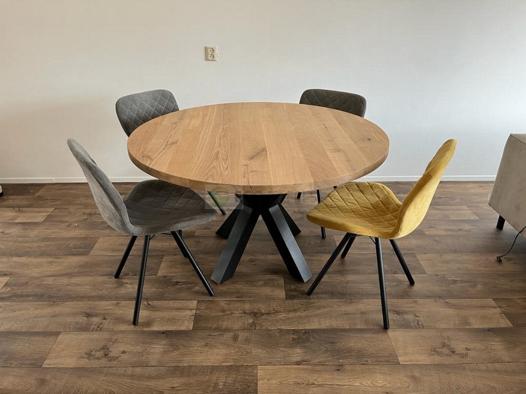 Ronde Eiken Tafel Eettafel met metalen onderstel MAATWERK, Ophalen of Verzenden, Nieuw, Rond, Eikenhout