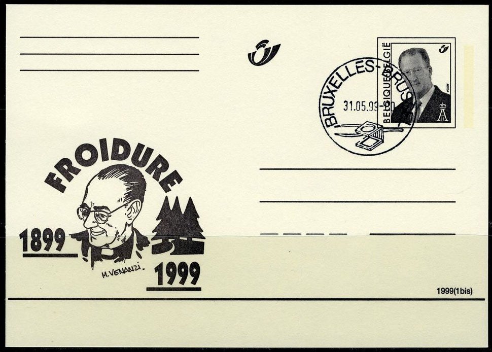 (B) Carte postale belge FDC 1999 (1bis) - FROIDURE 1899-199, Oblitéré, Affranchi, Oblitération 1er jour, Envoi