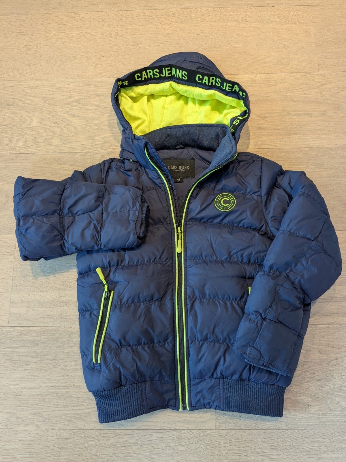 Winterjas 10 jaar Cars Jeans donkerblauw met fluo geel, Ophalen, Gebruikt, Jas, Jongen