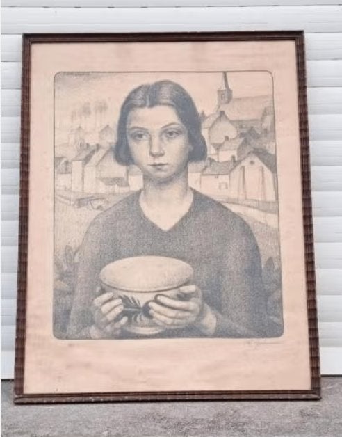 lithographie jeune fille au bol signe fernand gommaerts, Antiquités & Art, Enlèvement ou Envoi, Lithographie