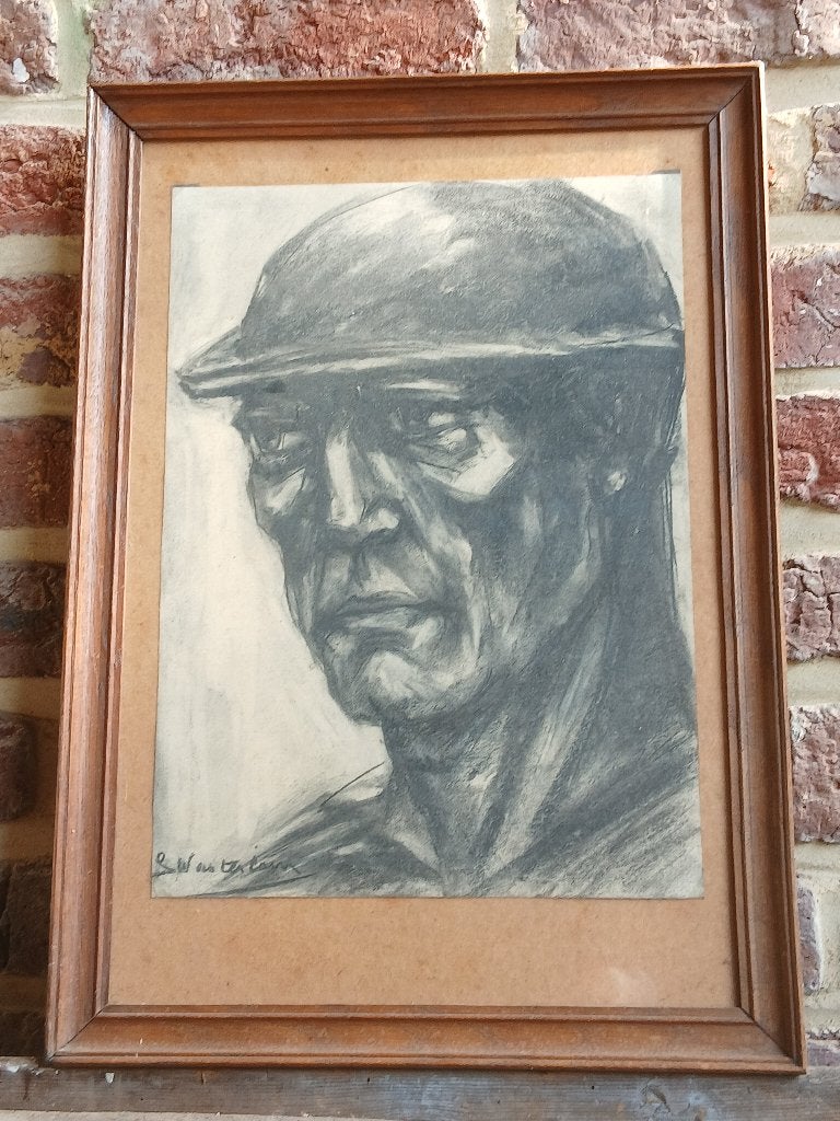 Georges Wasterlain houtskool mijnwerker, Ophalen of Verzenden, Tekening, Houtskooltekening, Handgemaakt