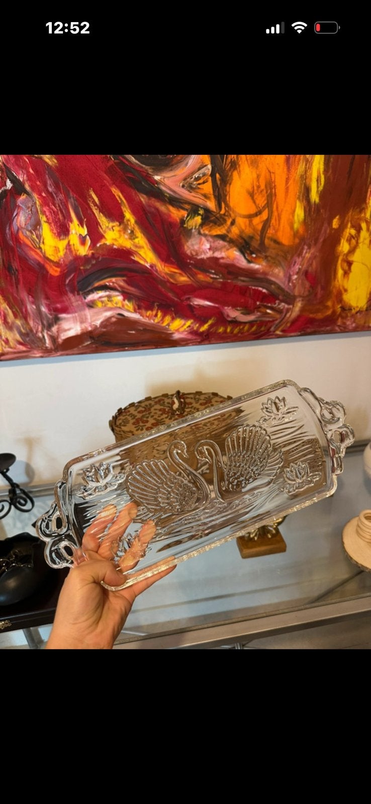 Lange vintage glazen schaal met zwanen reliëf, Ophalen of Verzenden