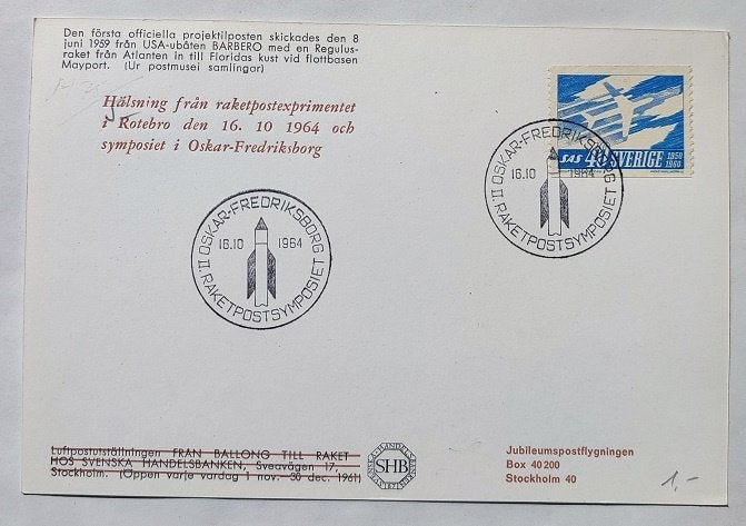 Zweeds poststuk Ballon naar Raket of Flygpost eerste vlucht, Ophalen of Verzenden, Zweden, Gestempeld