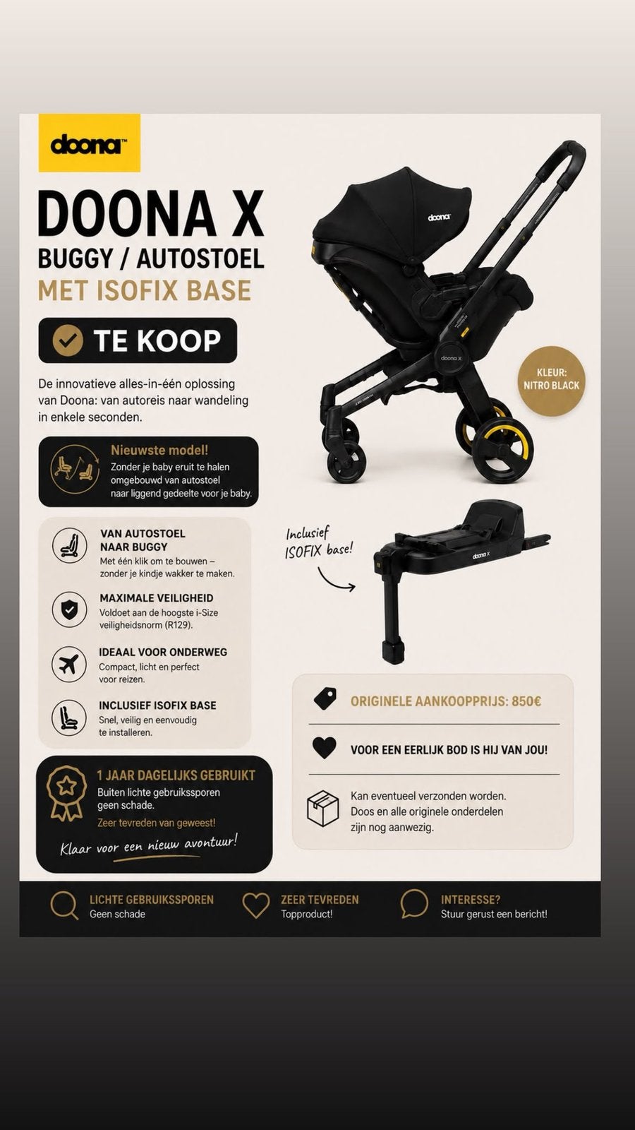 Doona X Buggy/Autostoel Isofix, Enfants & Bébés, Enlèvement, Comme neuf