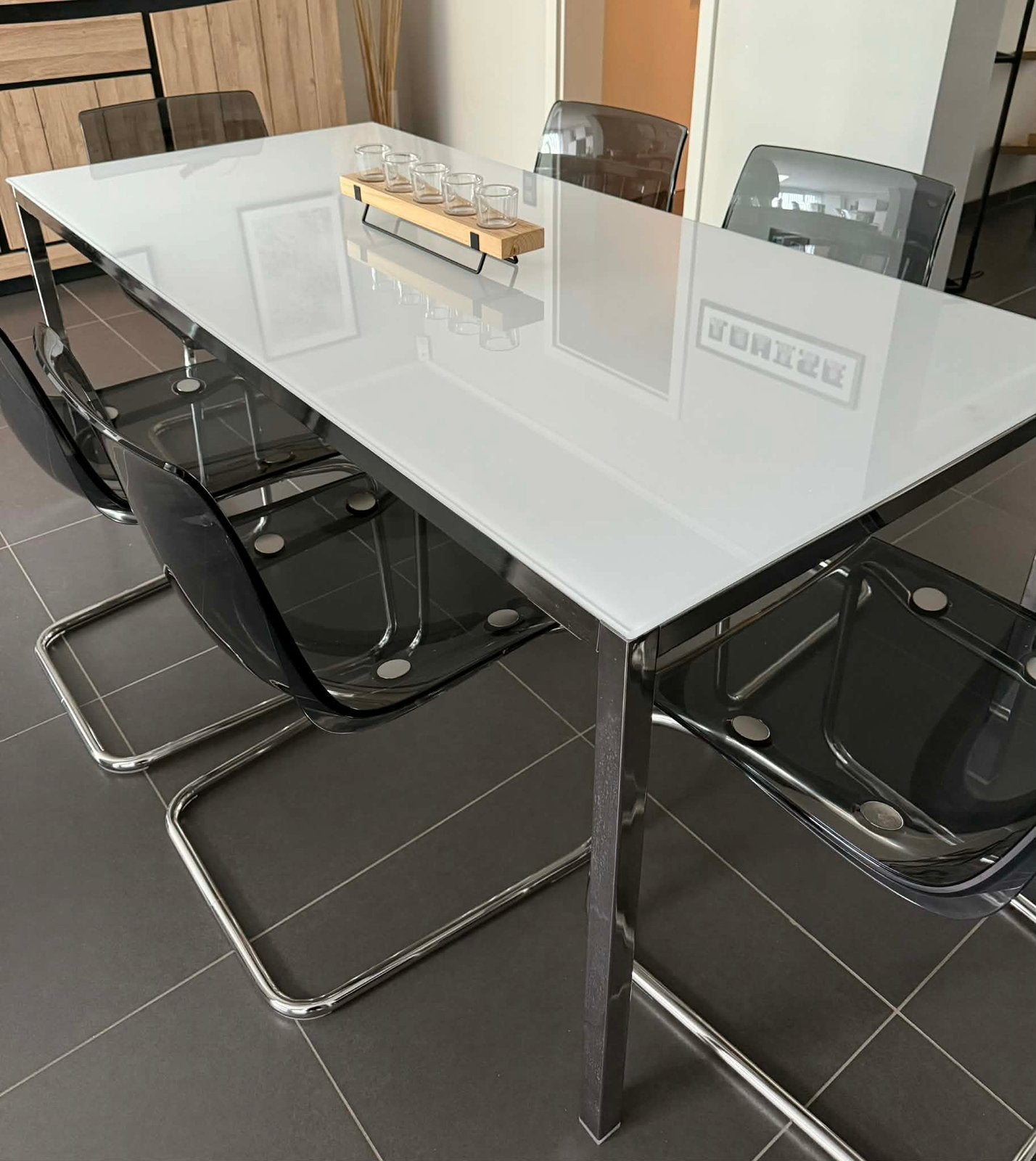 Table à salle à manger en verre avec 6 chaises, Jardin & Terrasse, Enlèvement, Utilisé, Table à dinner