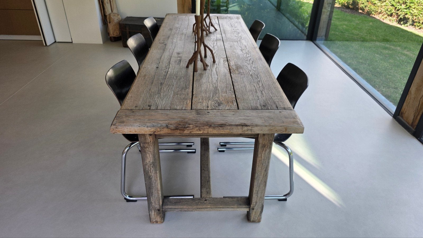 Table de monastère en vieux bois robuste et vintage + 6 ense, Maison & Meubles, Vintage, Enlèvement, 50 à 100 cm, Rectangulaire
