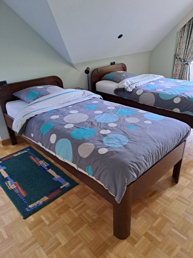 2 éénpersoonsbedden + nachtkastje, Ophalen, 90 cm, Eenpersoons, Bruin